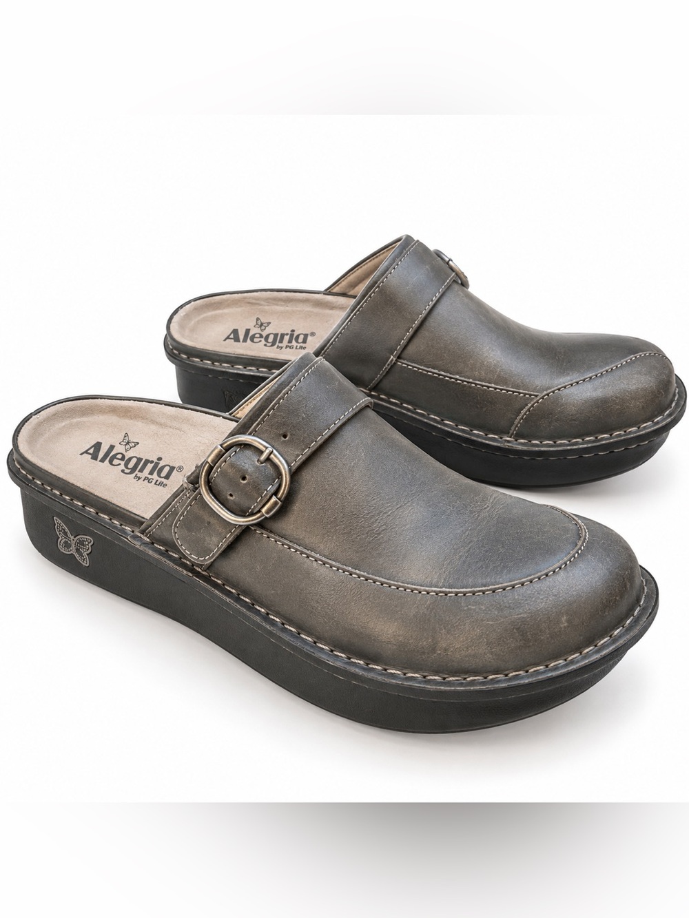 Alegria by PG Lite Women’s 40 Gray Leather Platform Clogs Buckle Comfort Shoes